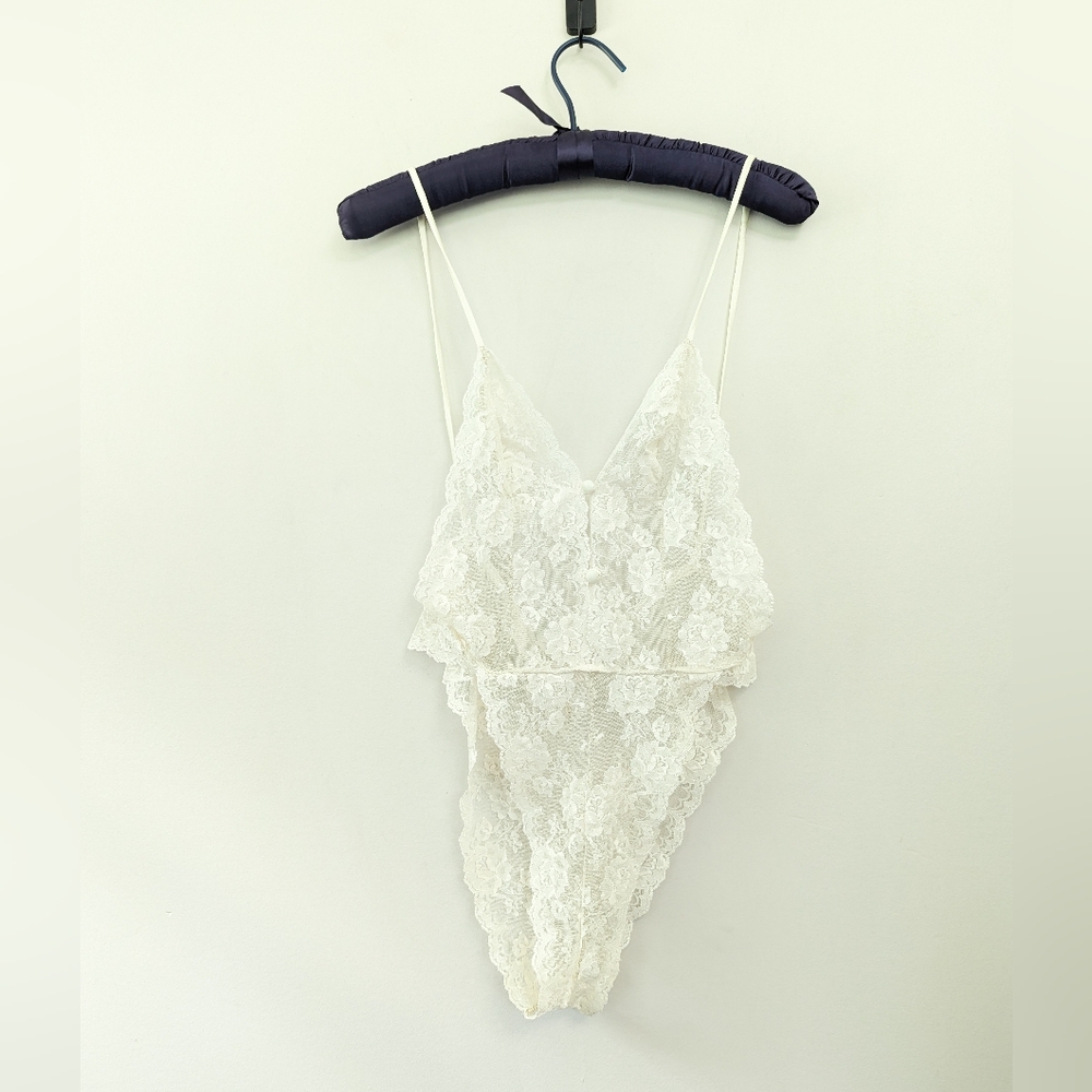 Vintage Fredericks Of Hollywood Ivory Sheer Lace Teddy French Cut